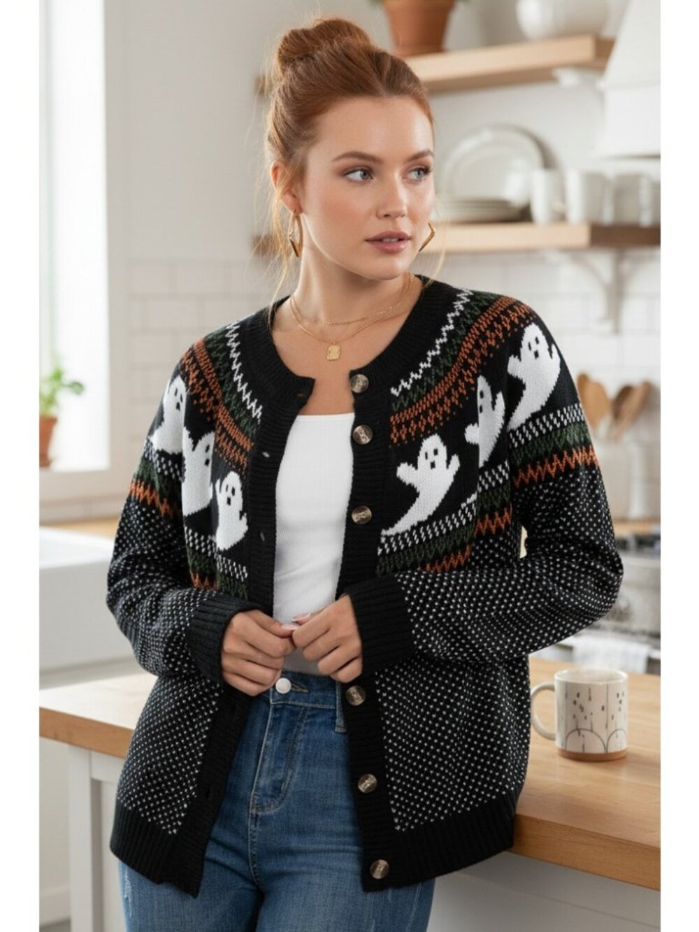 Ghost Fair Isle Button-Front Crew Neck Halloween Spooky Nordic Knit Cardigan